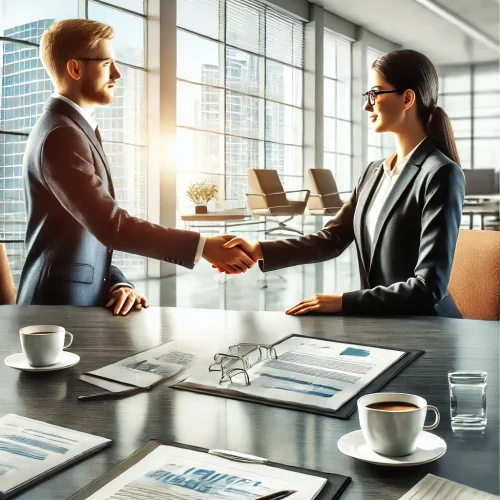 DALL·E 2024-10-14 15.00.57 - A realistic image showing a business handshake in a professional office setting, designed in portrait format. The image features two business professi