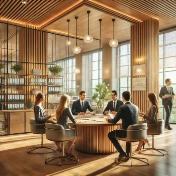DALL·E 2024-10-14 15.03.00 - A realistic image of a modern business office with a welcoming atmosphere, featuring a team of professionals engaged in a productive conversation at a